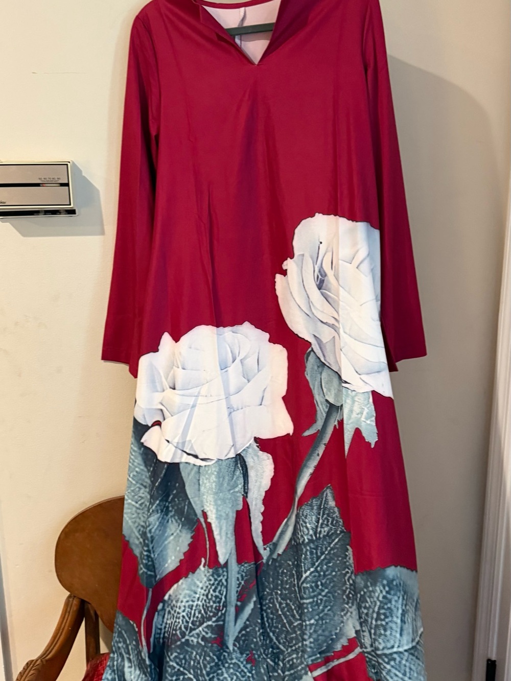 SHEIN Red Maxi Dress with White Rose Print